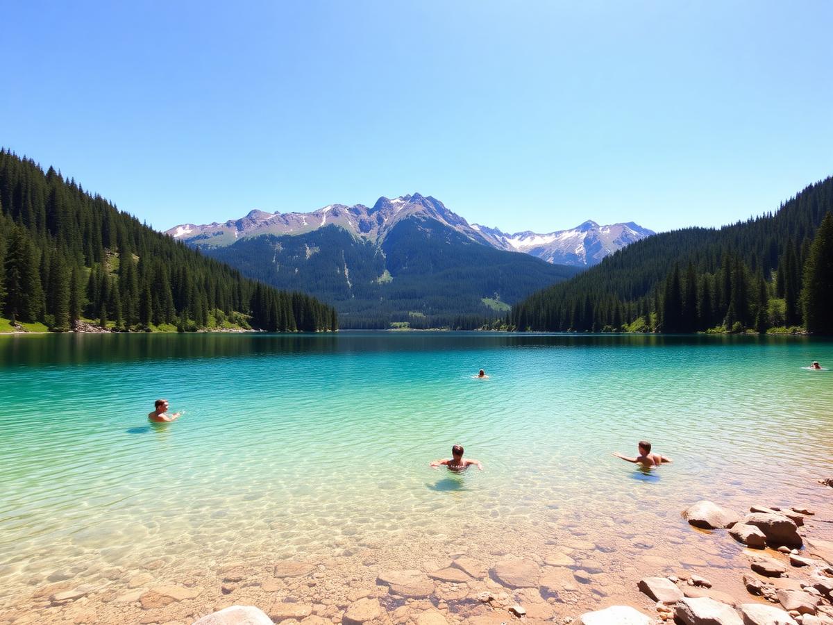 Baden im türkisblauen Freibergsee vor Bergkulisse