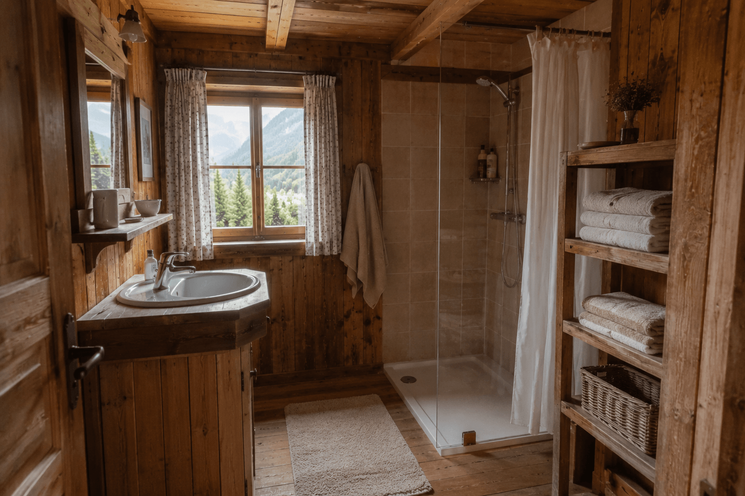 Badezimmer mit Dusche und Bergblick