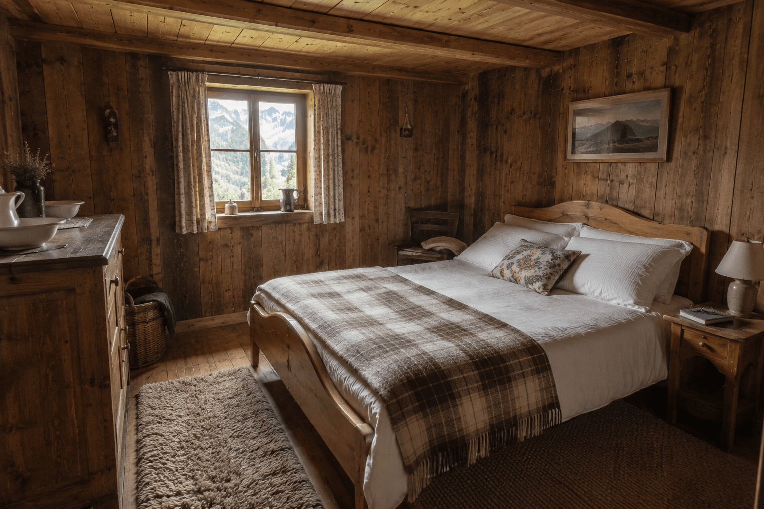 Hauptschlafzimmer mit Doppelbett und karierter Decke