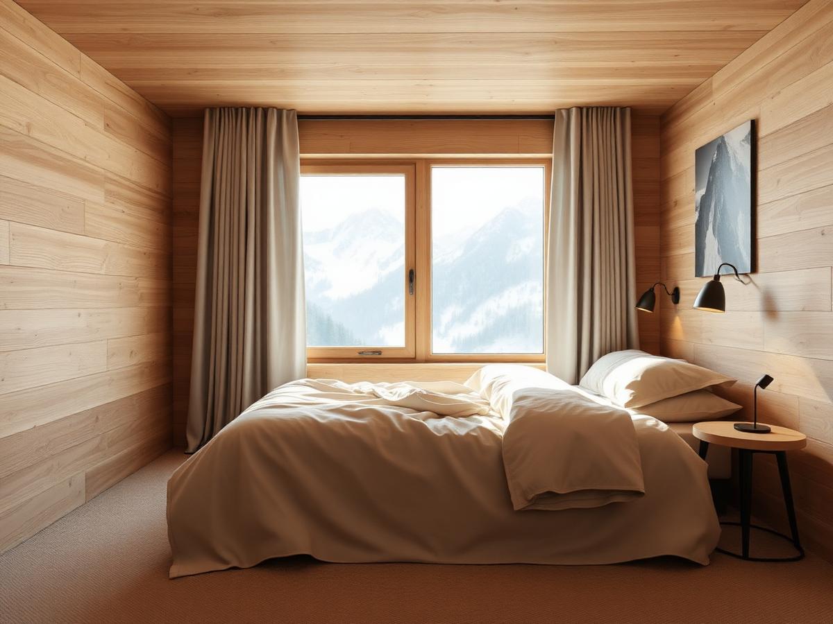 Schlafzimmer mit Leinenbettwäsche und Bergblick