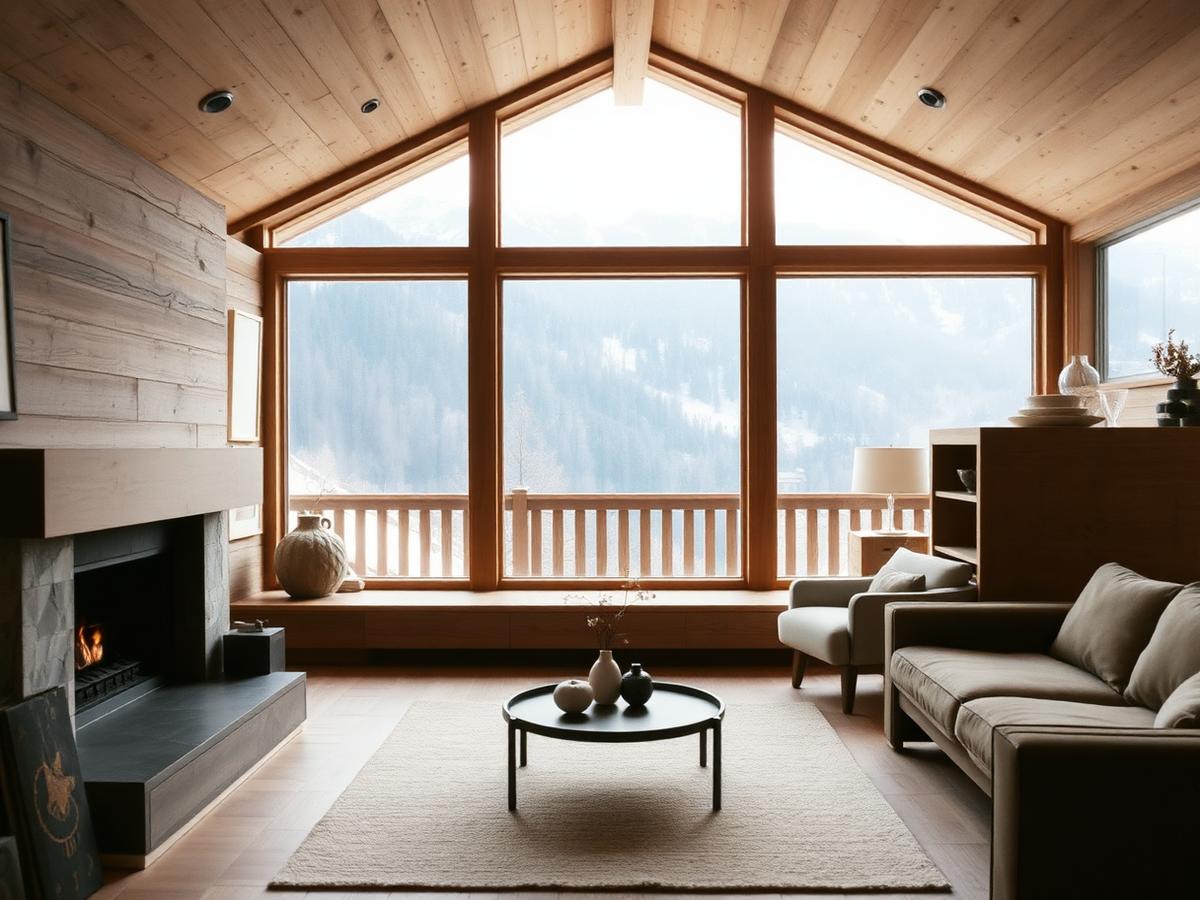 Wohnraum mit Holzdecke und großem Fenster ins Tal